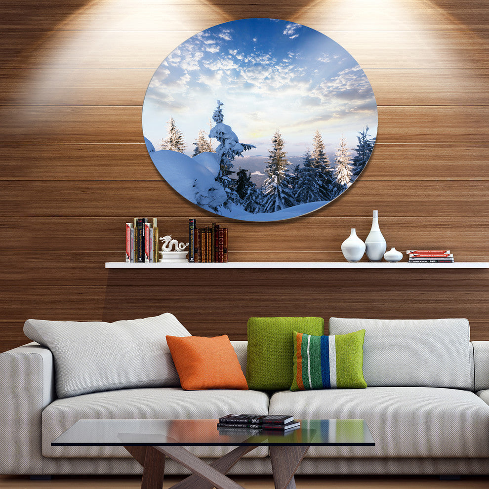 Foggy White Winter Forest, Landscape Round Metal Wall Art, 11"