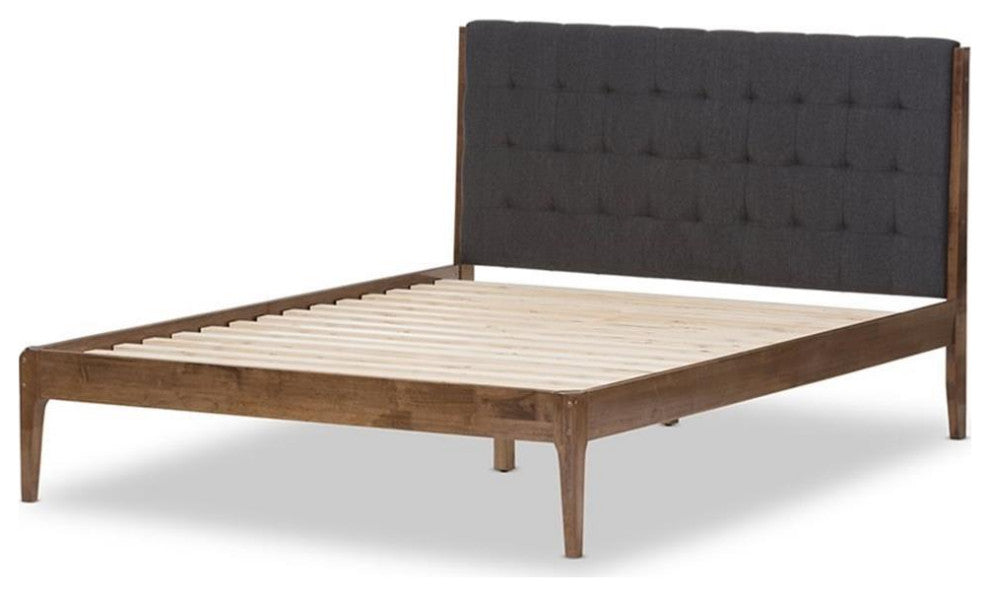 Bowery Hill Mid Century Fabric King Platform Bed in Gray/Walnut Brown