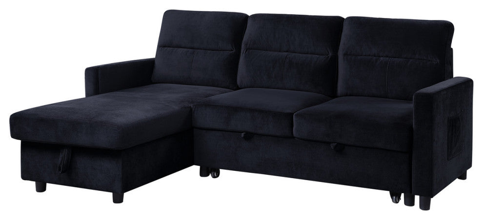 Ivy Black Velvet Reversible Sleeper Sectional Sofa, Storage Chaise, Side Pocket