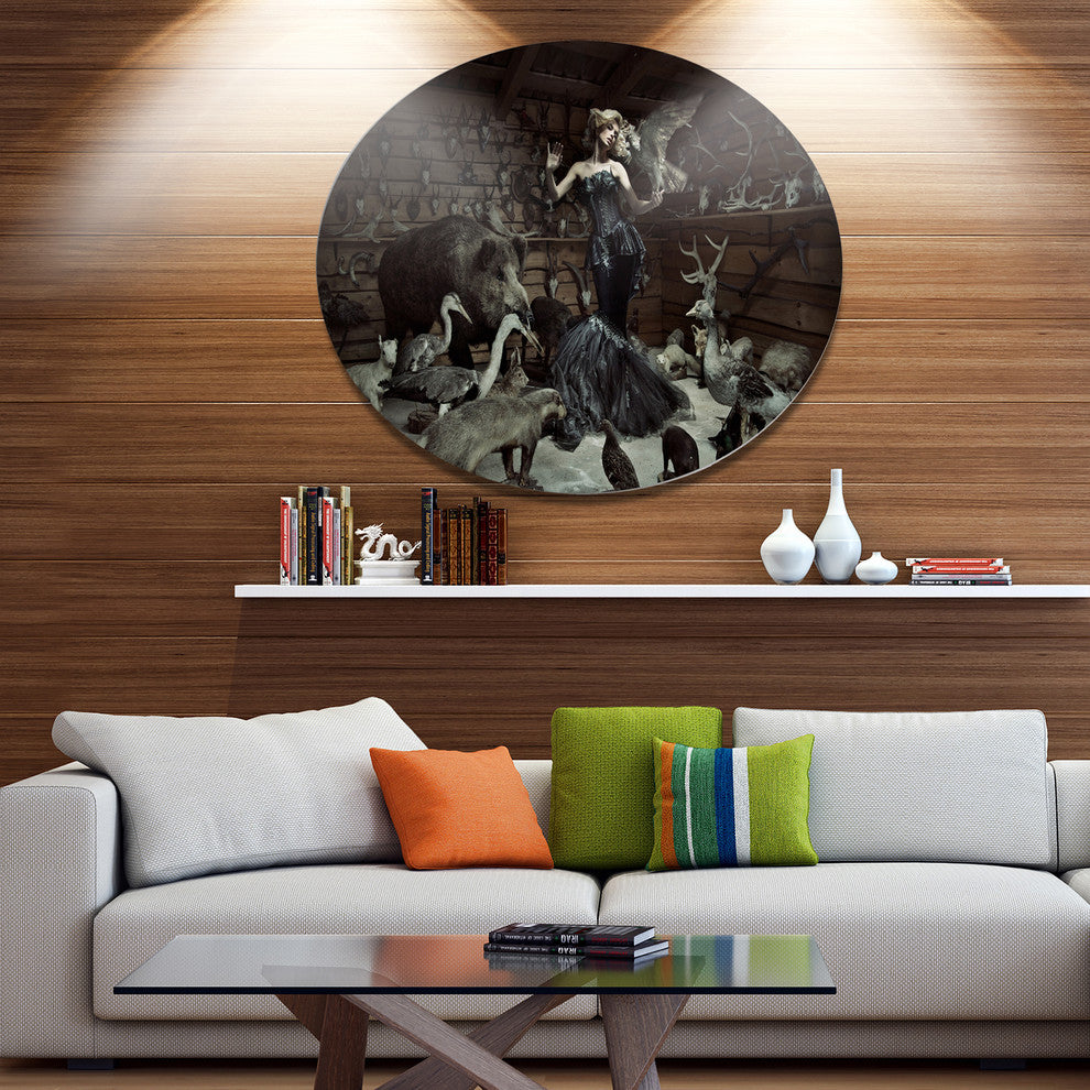 Woman Among Wild Animals, Animal Round Wall Art, 36"