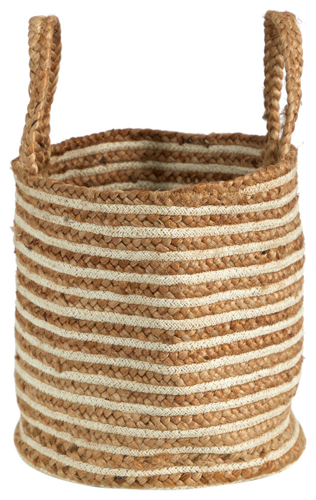 14" Boho Chic Basket Natural Cotton and Jute, Handwoven Stripe With Handles