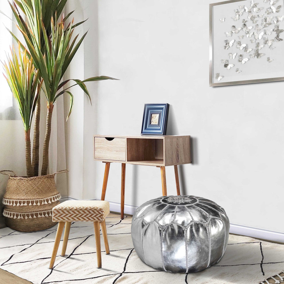 Handmade Moroccan Ottoman, PU Leather Pouf, Silver