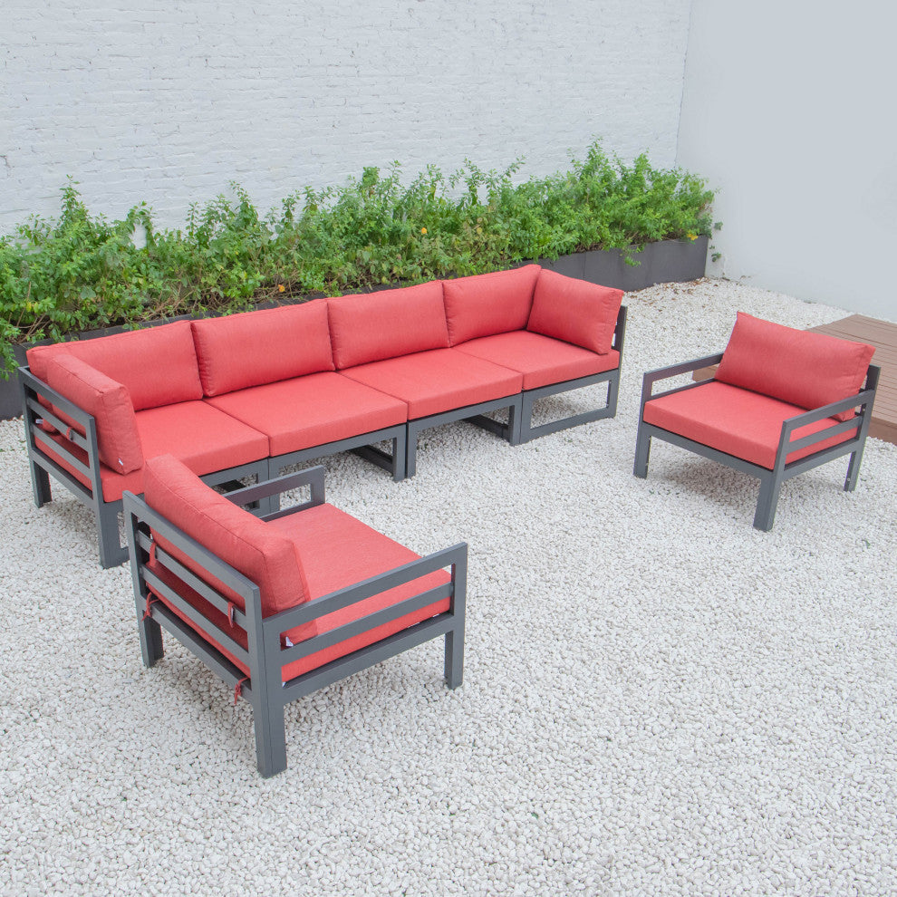 LeisureMod Chelsea 6-Piece Patio Armchair Sectional Black Aluminum, Red