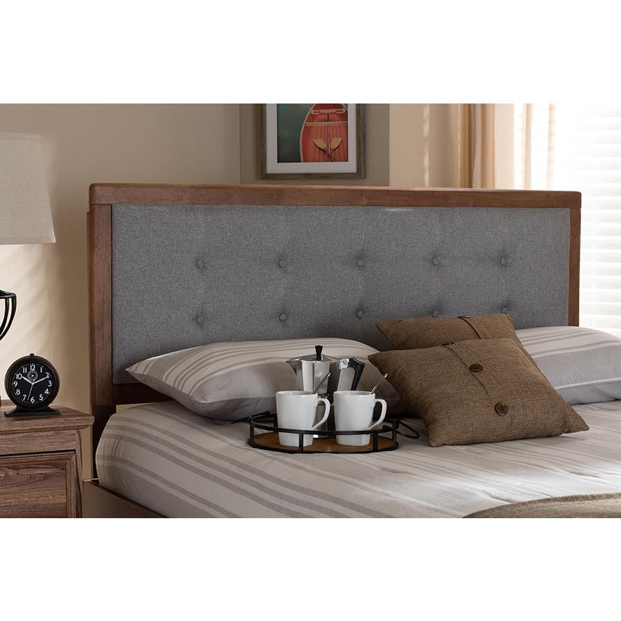 Light Grey Fabric Upholstered Walnut Brown Finished Wood King Size Headboard