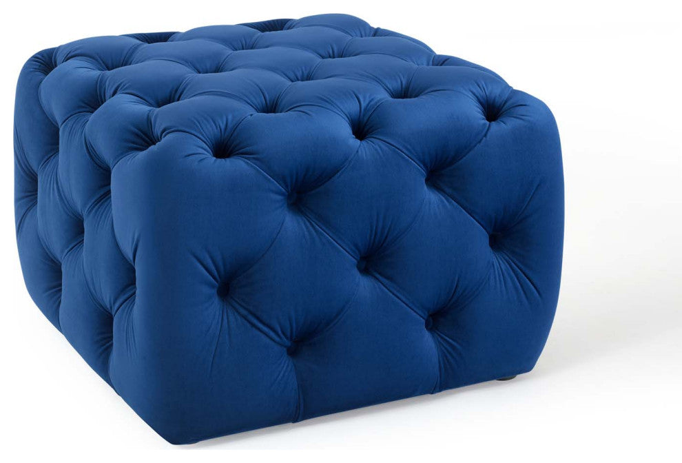 Anthem Tufted Button Square Performance Velvet Ottoman Navy