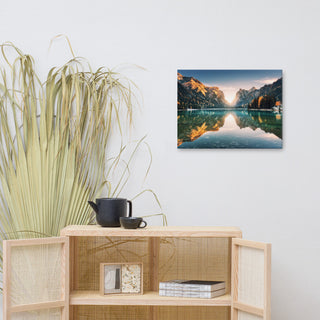 Sunrise Misty Mountain Lake Lively Color Landscape Photo Canvas Art Print, 18" X 24"