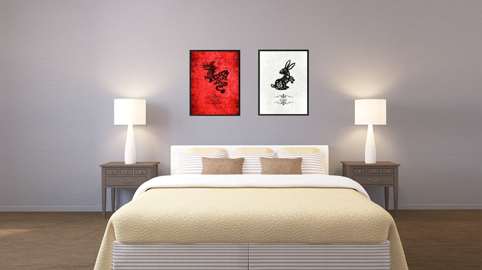 Rabbit Chinese Zodiac White Print on Canvas with Picture Frame, 13"x17"