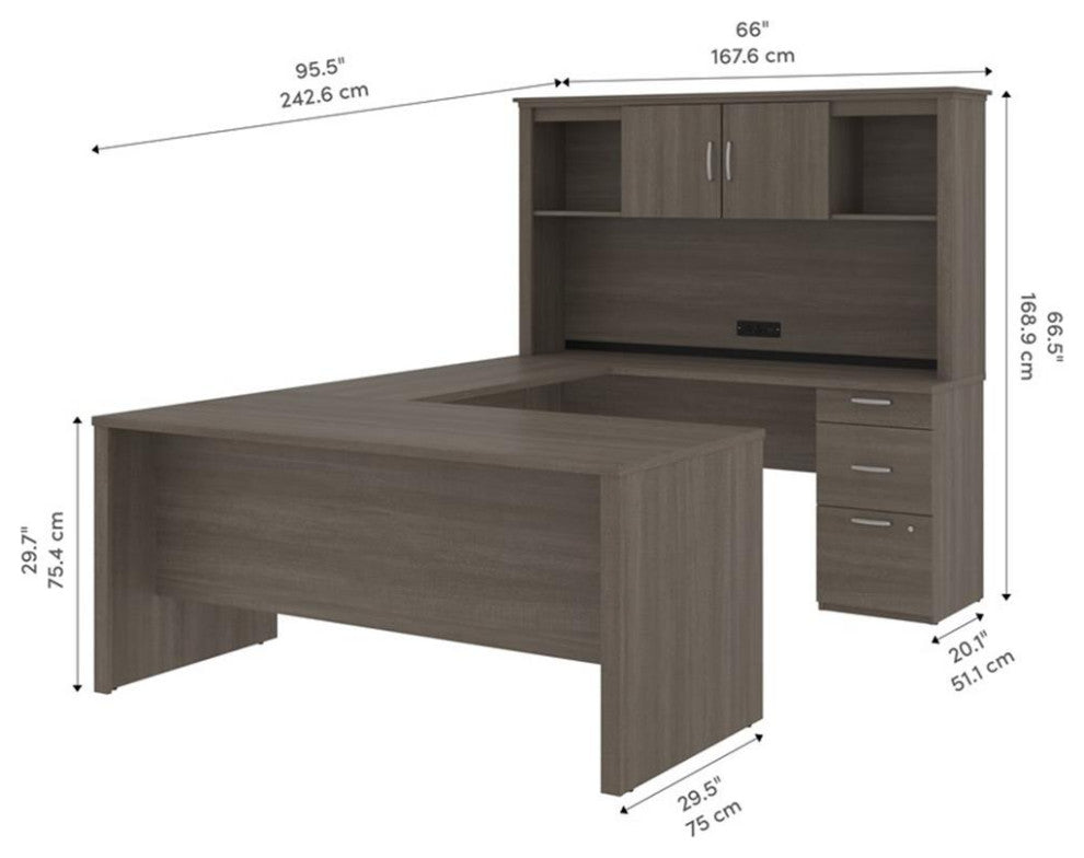 Bestar Logan Modern Wood U Shape Computer Desk with Hutch in Bark Gray