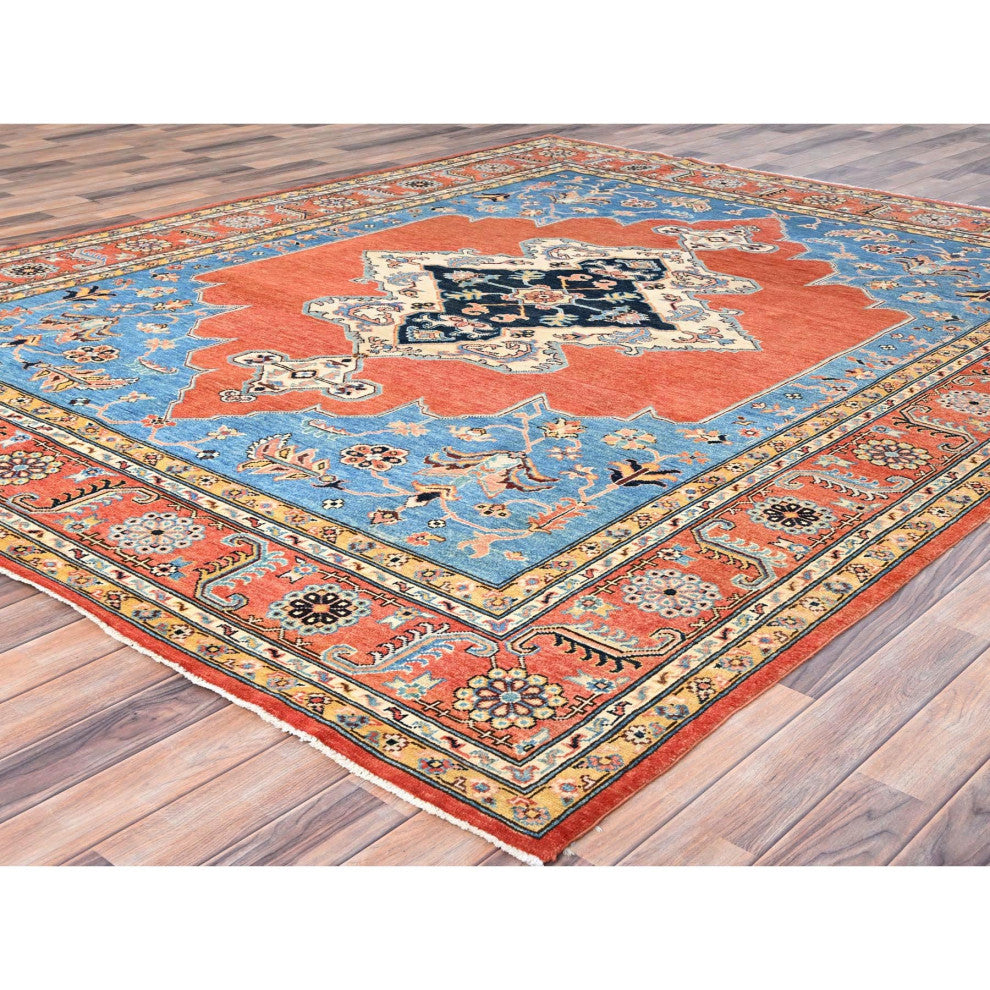 Orange, Soft Wool, Afghan Peshawar, Hand Knotted, Oriental Rug, 8'x9'10"
