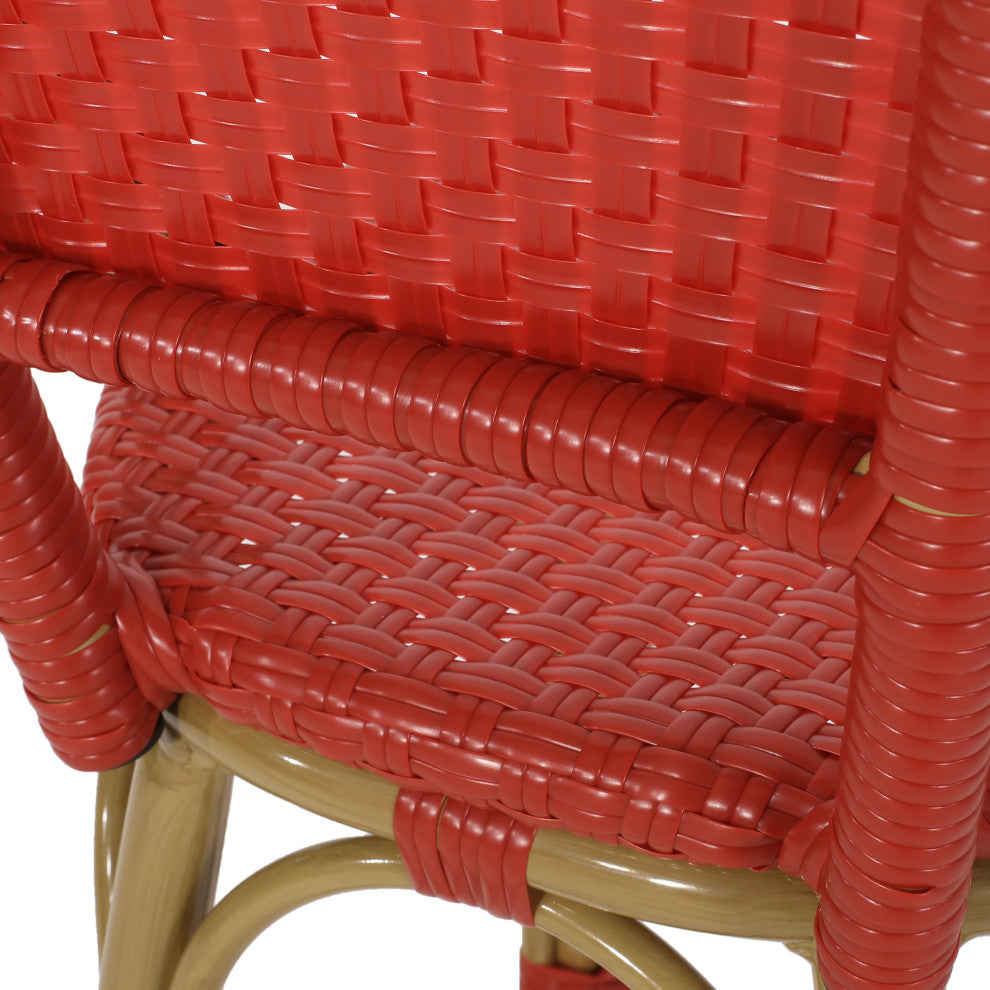 Cotterell Outdoor French Wicker and Aluminum 29.5" Barstools, Set of 4, Red/Bamboo Finish