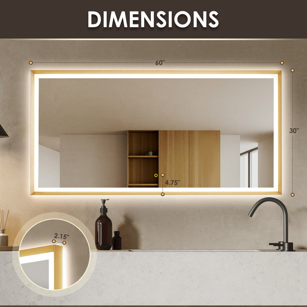 Apollo Anti-Fog Dimmable Vanity, LED Lighted Wall Mirror, Brushed Gold, 60"