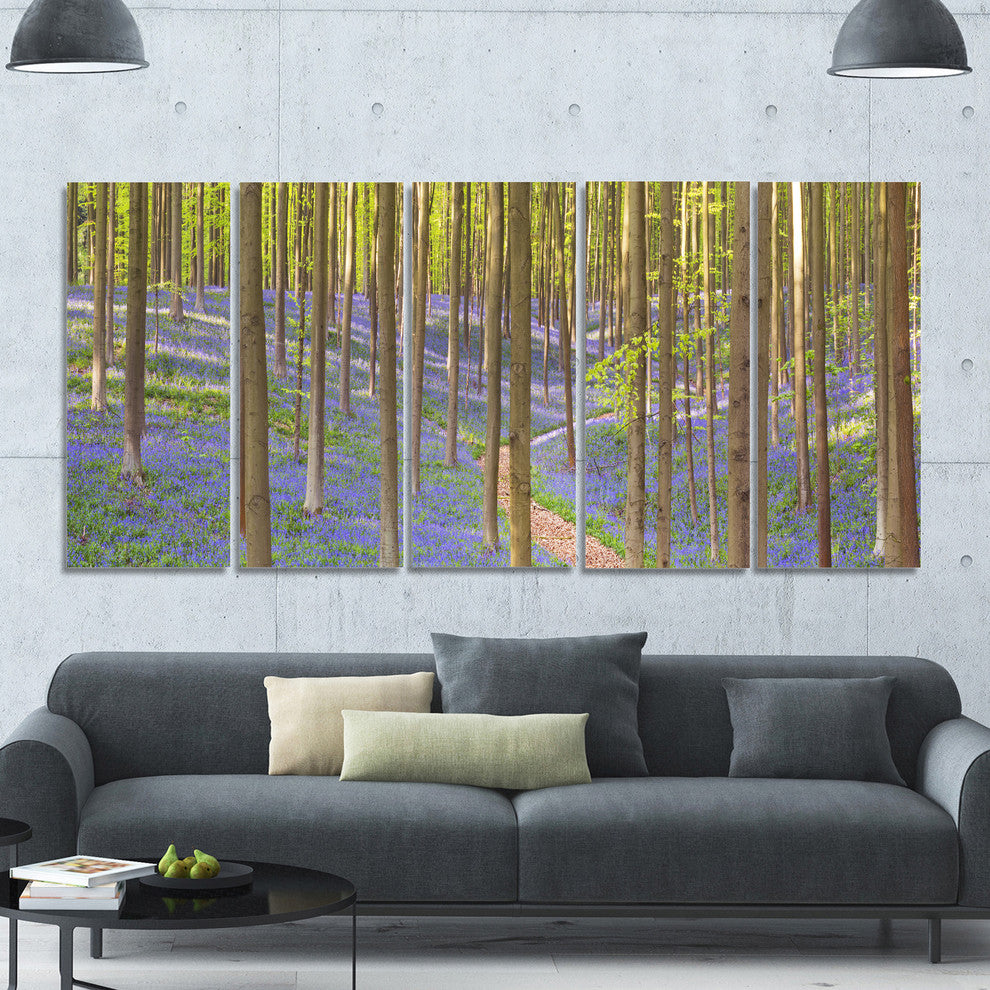 Blooming Bluebell Forest Panorama, Landscape Canvas Art Print, 60"x28", 5 Panels