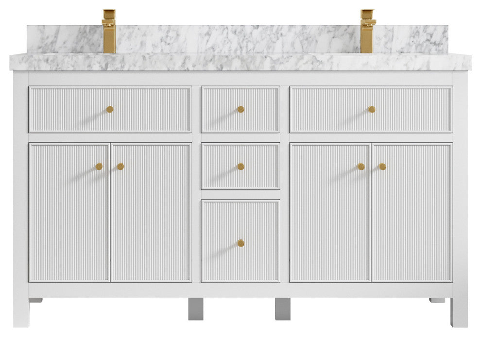 Sonoma 60 Double Sink Reeded Bathroom Vanity in White 2" Carrara Marble
