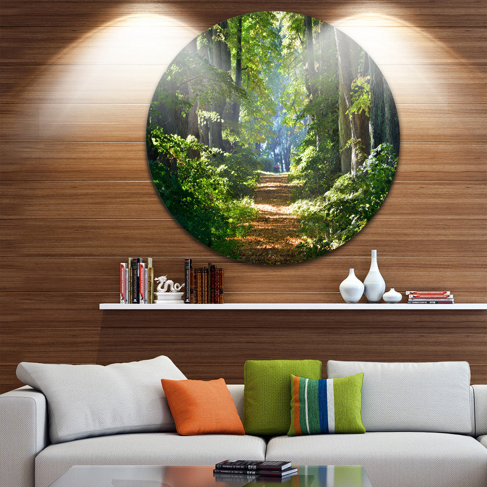Bright Green Forest In Morning, Landscape Round Metal Wall Art, 23"