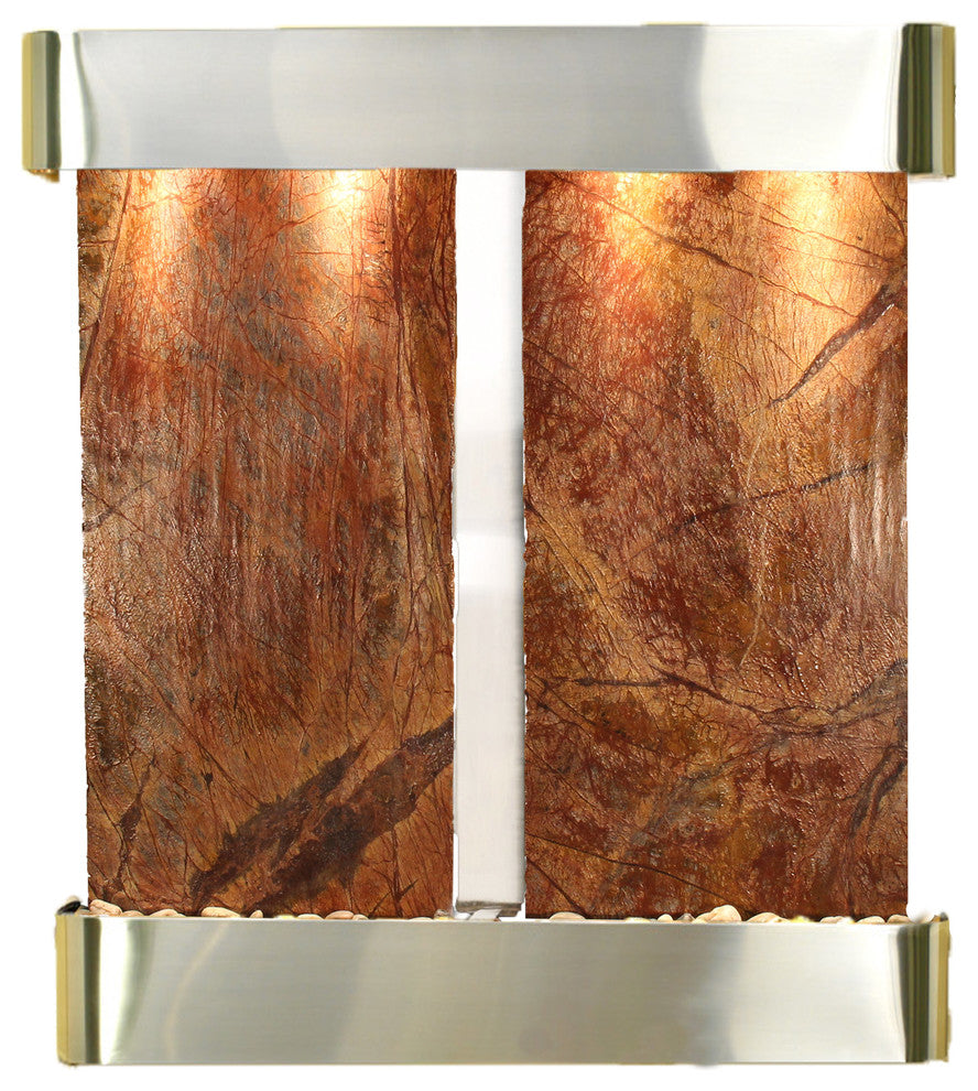 Aspen Falls Water Fountain, Brown Marble, Stainless Steel, Round