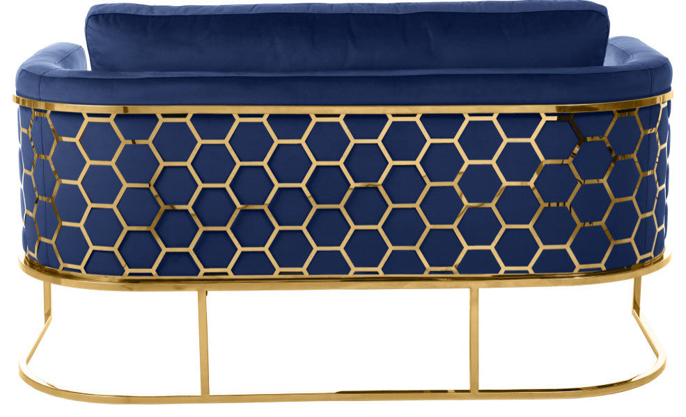 Casa Velvet Upholstered Loveseat, Navy, Gold Finish