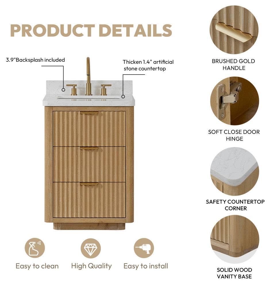 Vinnova Cadiz Bath Vanity, Composite Stone Top, Washed Ash Grey, 24", No Mirror