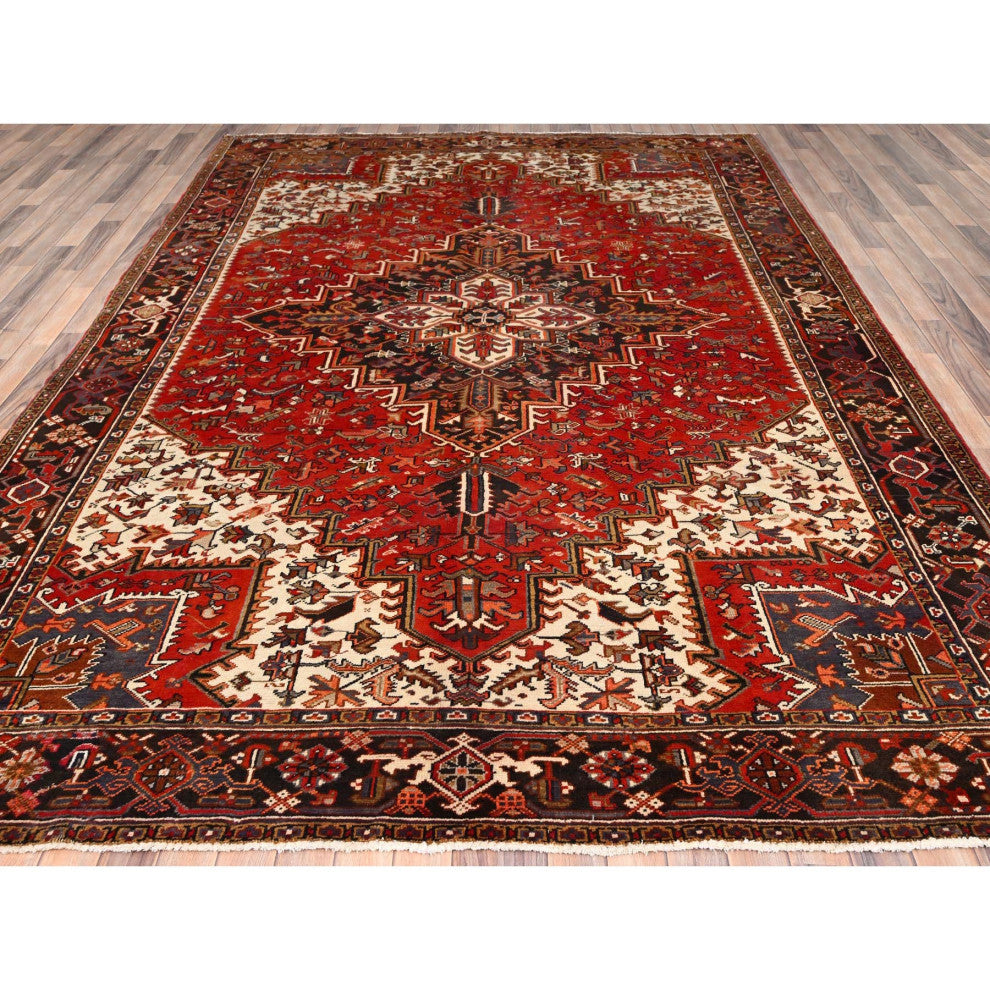 Chili Red Pure Wool Hand Knotted Semi Antique Persian Heriz Rug 8'3"x10'10"