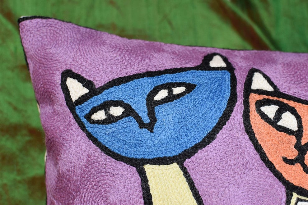 Modern Cats Purple Kitties Triplets Accent Pillow Cover Handmade Wool 18x18"