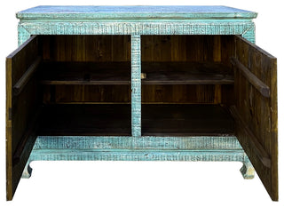 Distressed Turquoise Aqua Blue Rough 2 Doors Credenza Sideboard Console Hws4344