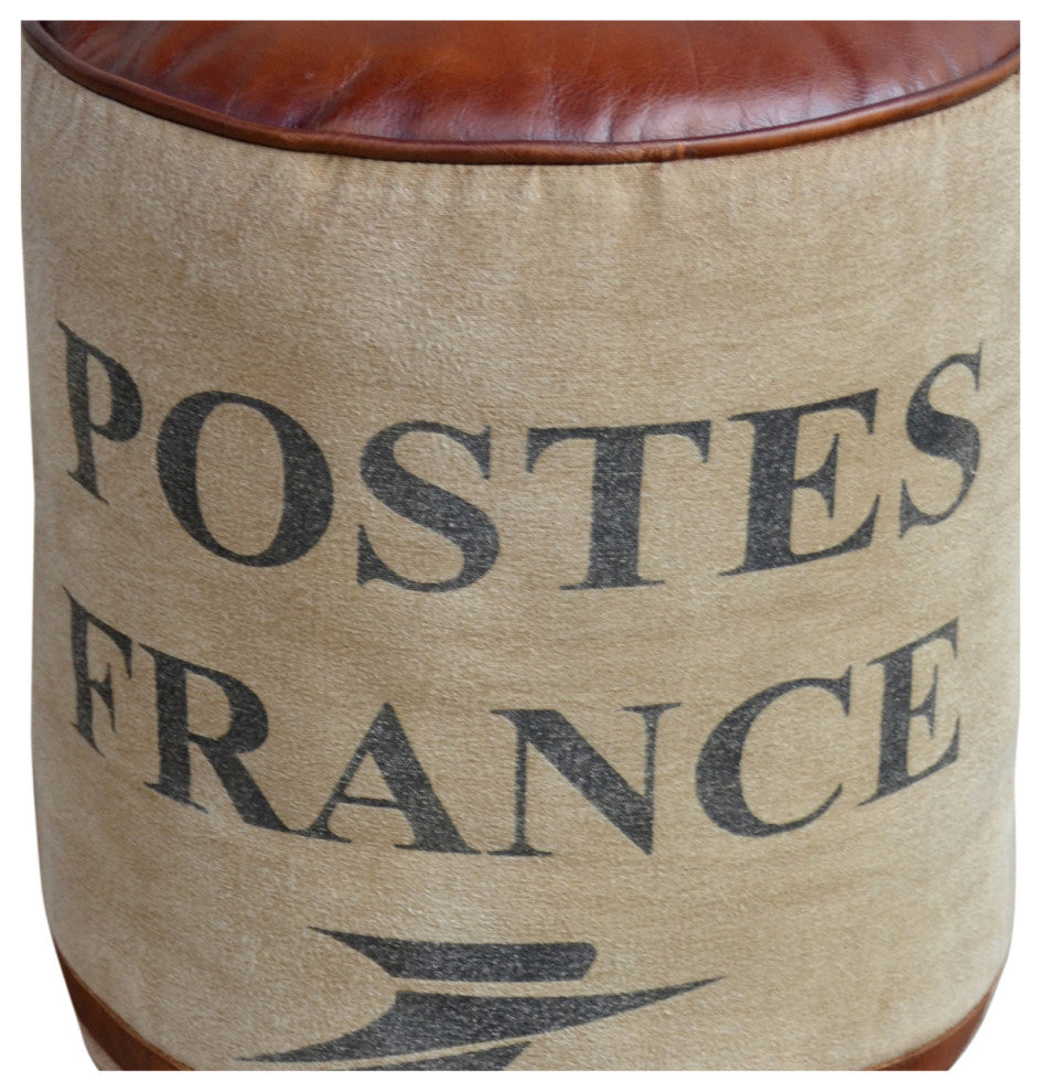 Round Canvas Pouf Post Topped With Brown Leather Seat