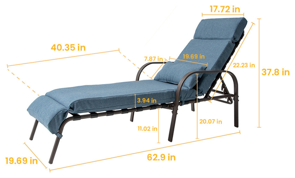 Set of 2 Adjustable Chaise Lounge Chair with Cushion & Pillow, Dark Blue