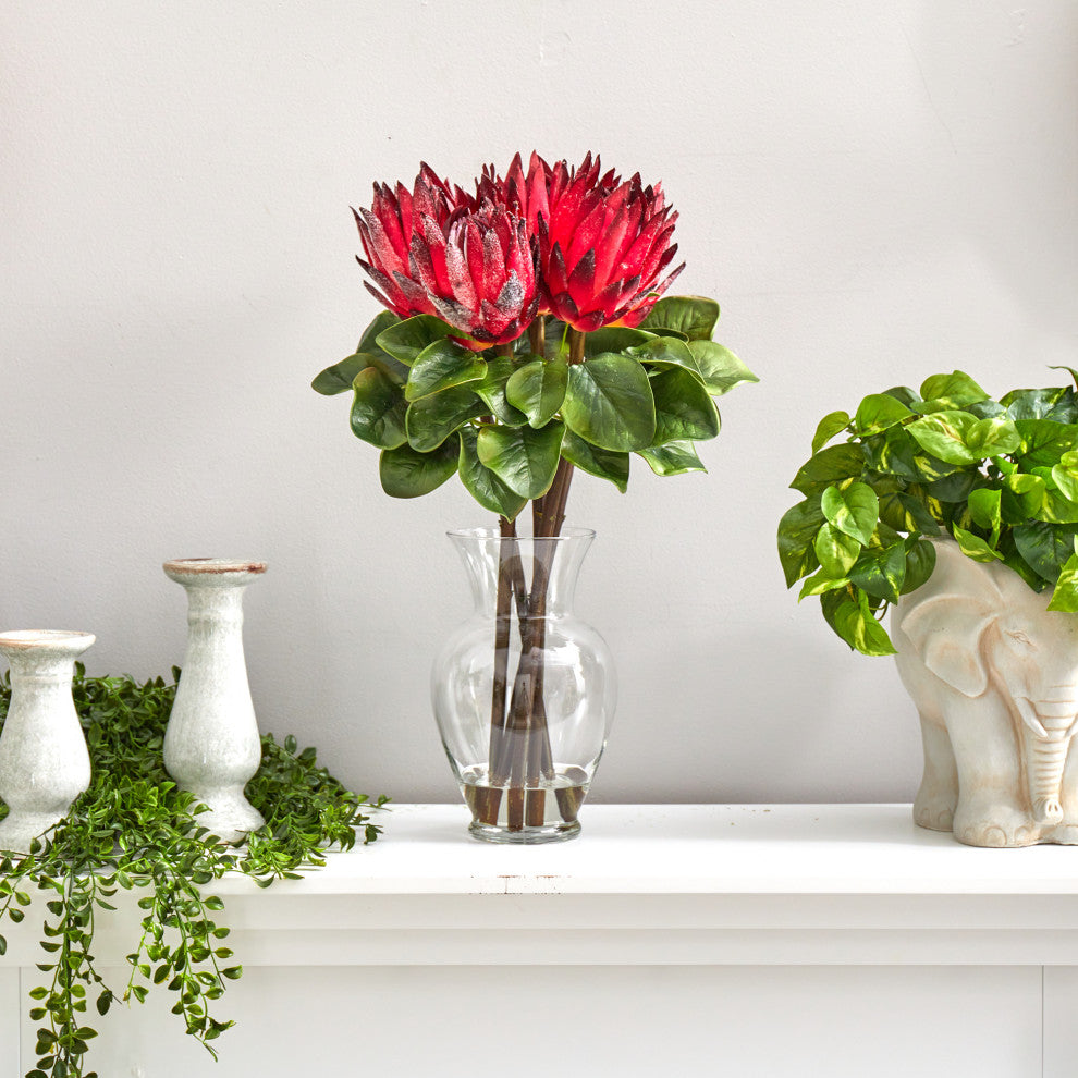 Nearly Natural 23" King Protea Artificial Arrangement, Glass Vase