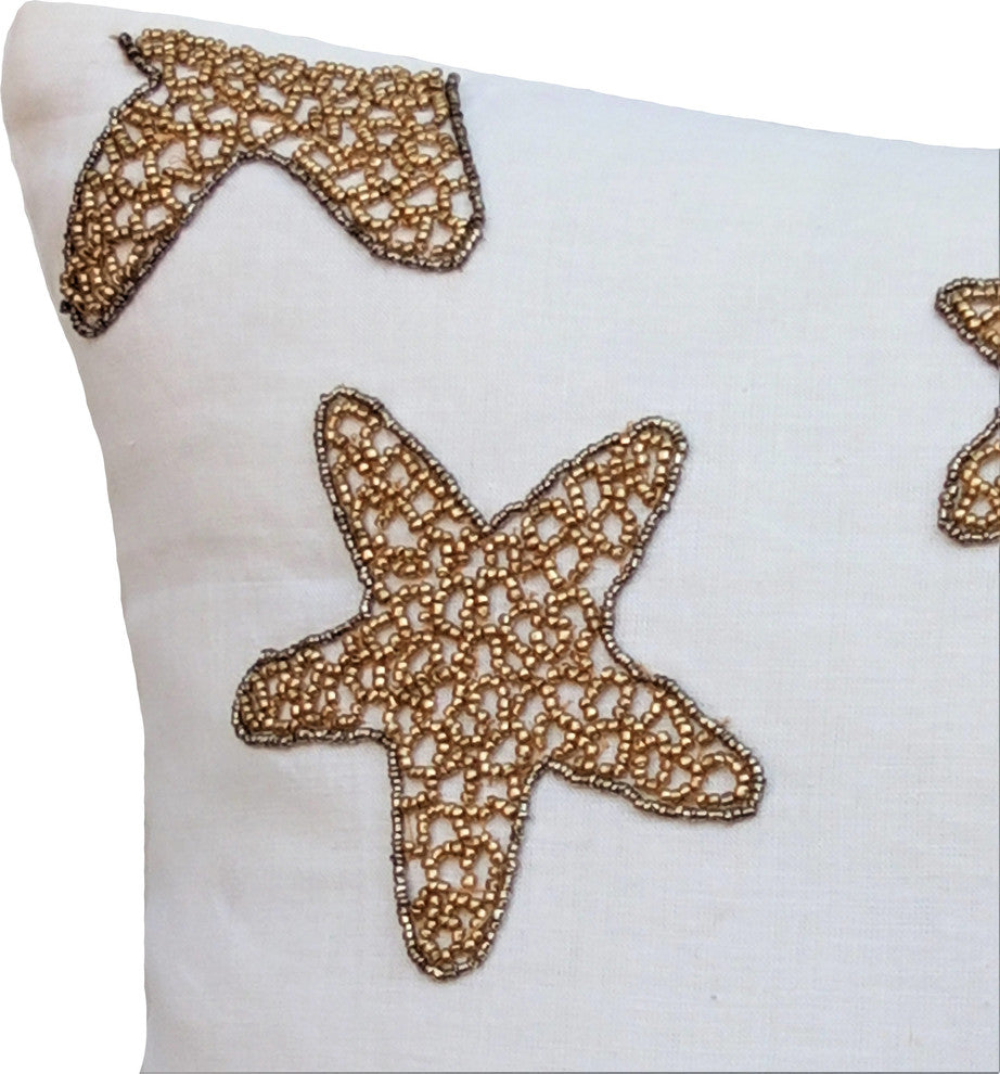 White Decorative Pillow Shams 24"x24" Cotton, Gold Starfish