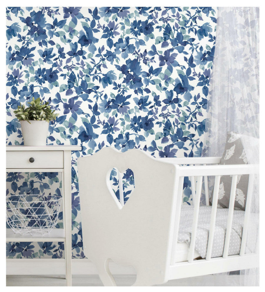 Watercolor Floral Peel and Stick Wallpaper, Blue and White
