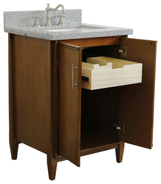 25" Single Sink Vanity, Walnut Finish With Gray Granite and Rectangle Sink