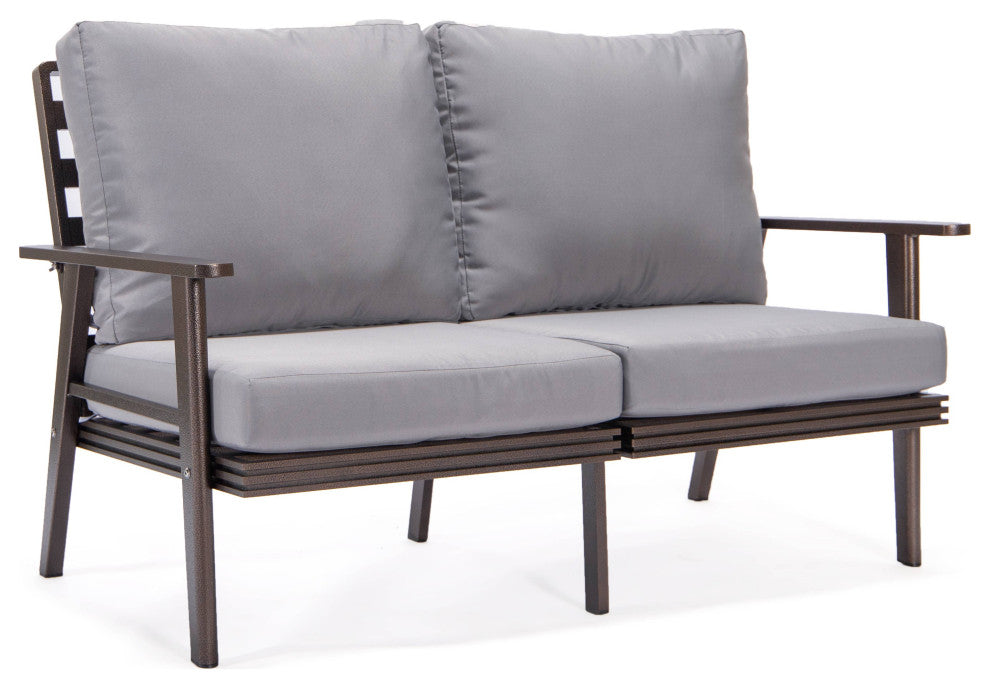 LeisureMod Walbrooke 3-Piece Patio Set With Brown Aluminum Frame and Cushions, Grey