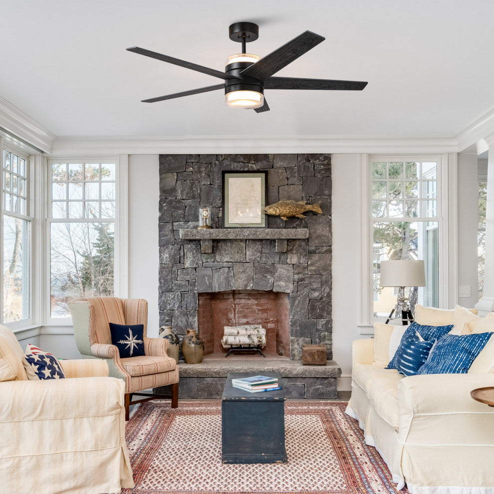 52-inch Black Modern Ceiling Fans with Lights and Wall Control