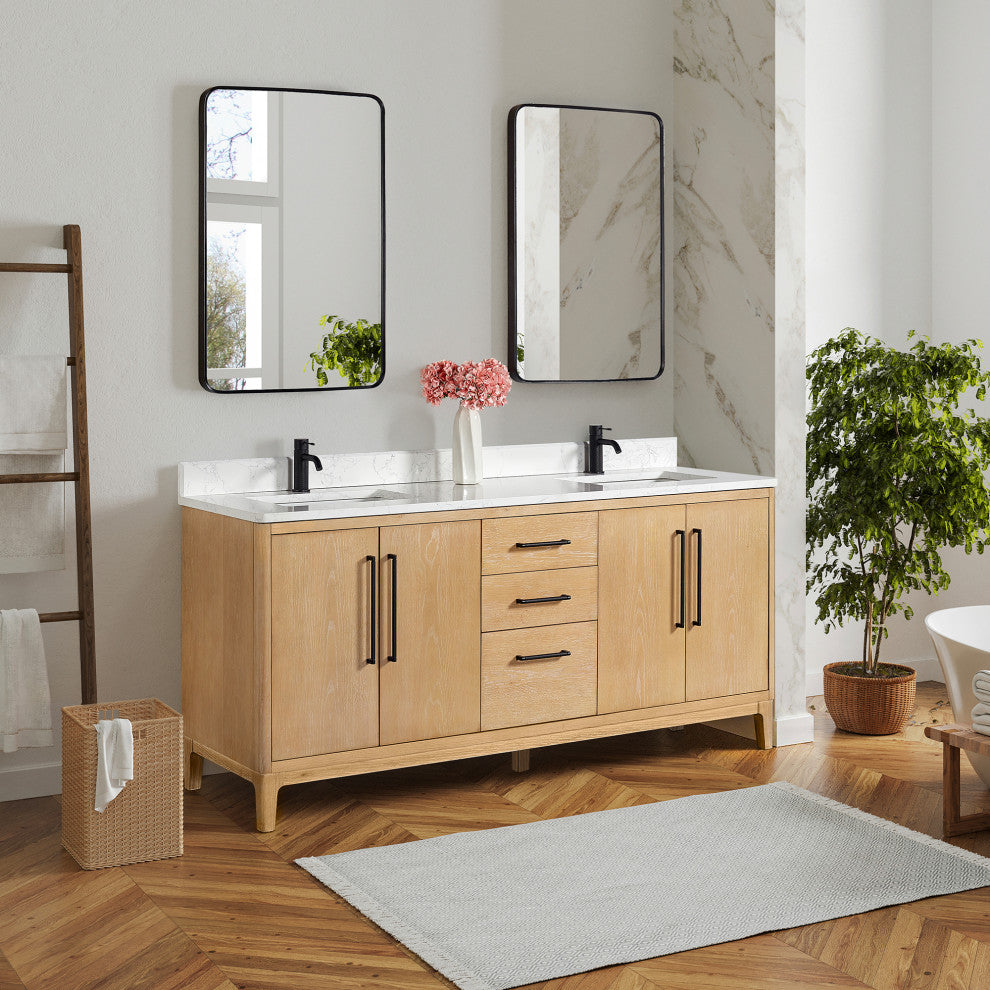 Gara Bath Vanity, Stone Top, Washed Ash Grey, 72", Double Vanity, No Mirror