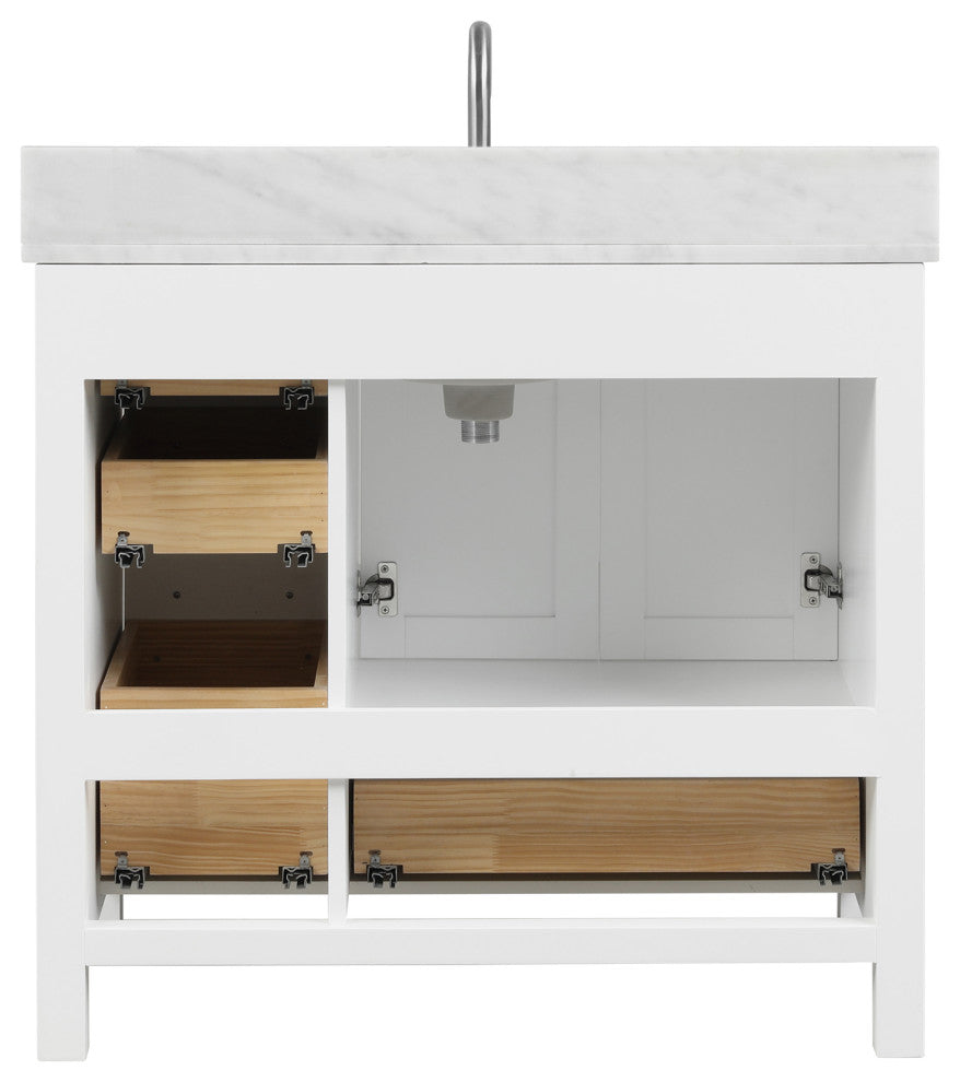 Freestanding Bathroom Vanity With Marble Countertop and Undermount Sink, White, 36" With Sink and Mirror