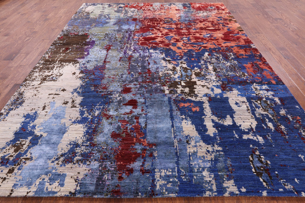 9' 0" X 11' 10" Modern Hand Knotted Wool and Silk Rug Q7234