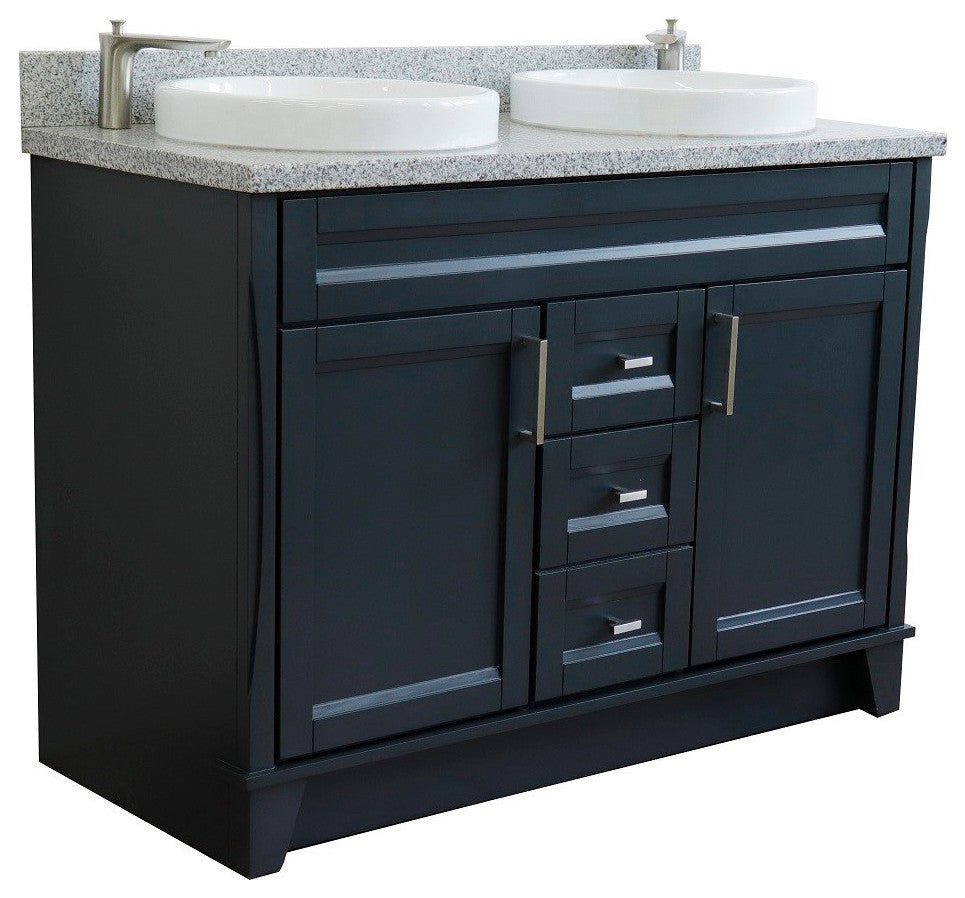 48" Double Sink Vanity, Dark Gray Finish With Gray Granite And Round Sink