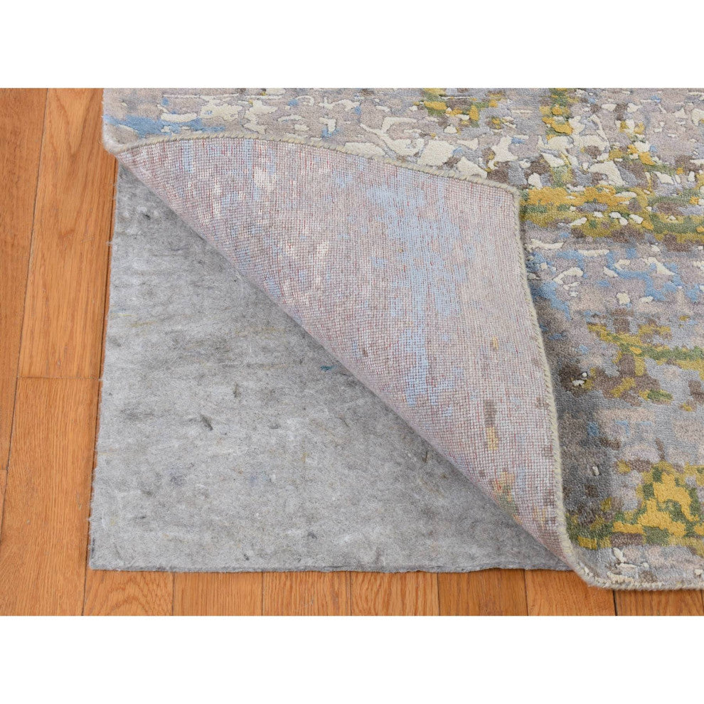 Rice White Wool and Silk Erased Roman Mosaic Design Hand Knotted Rug 8'1"x10'1"