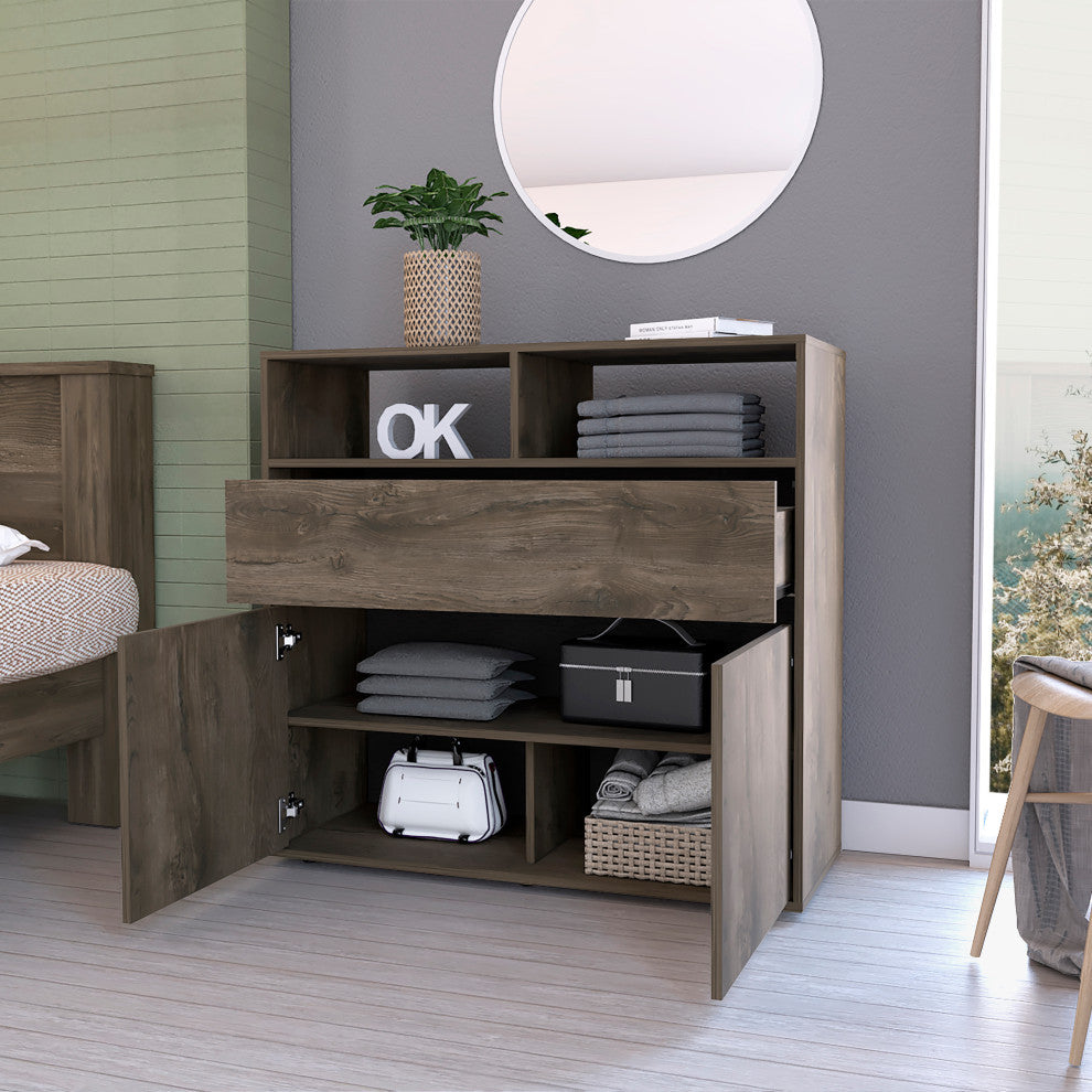 Gianna Dresser with Double Door Cabinet, 1 Drawer, and 5 Shelves, Dark Brown