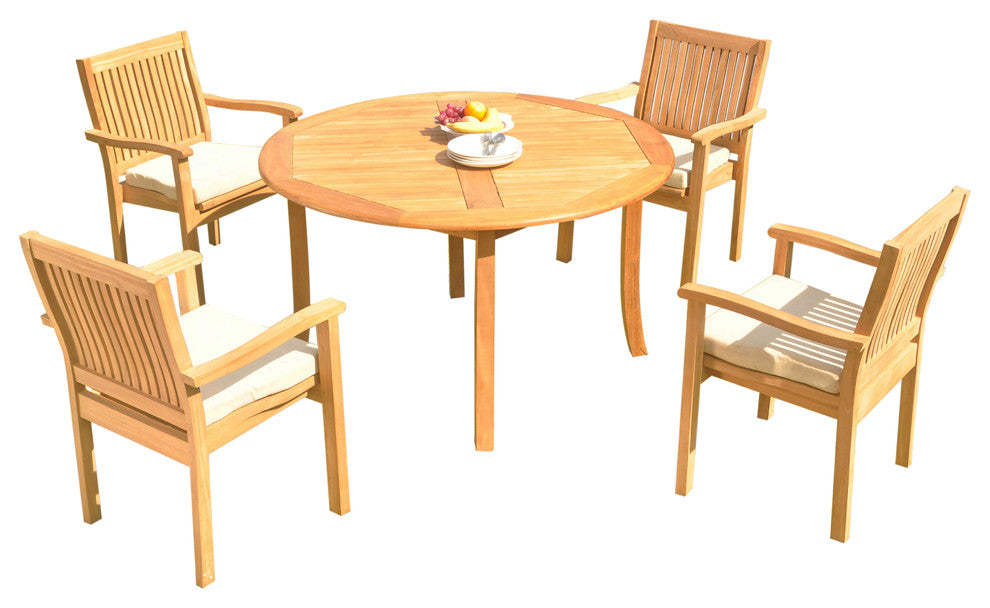 5-Piece Outdoor Teak Dining Set: 52" Round Table, 4 Leveb Stacking Arm Chairs