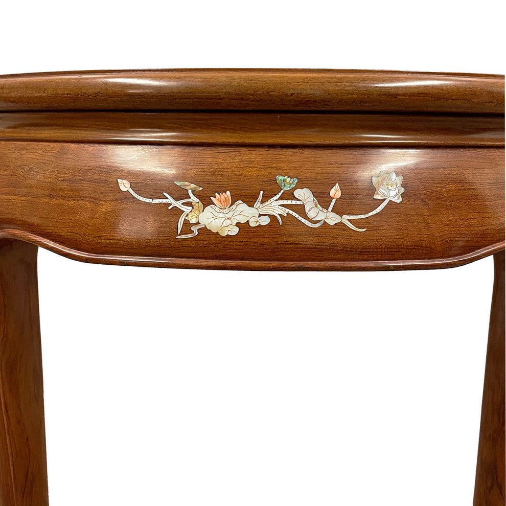 Consigned 20th Century Chinese Rosewood Half Moon Table w/Mother of Pearl inlay