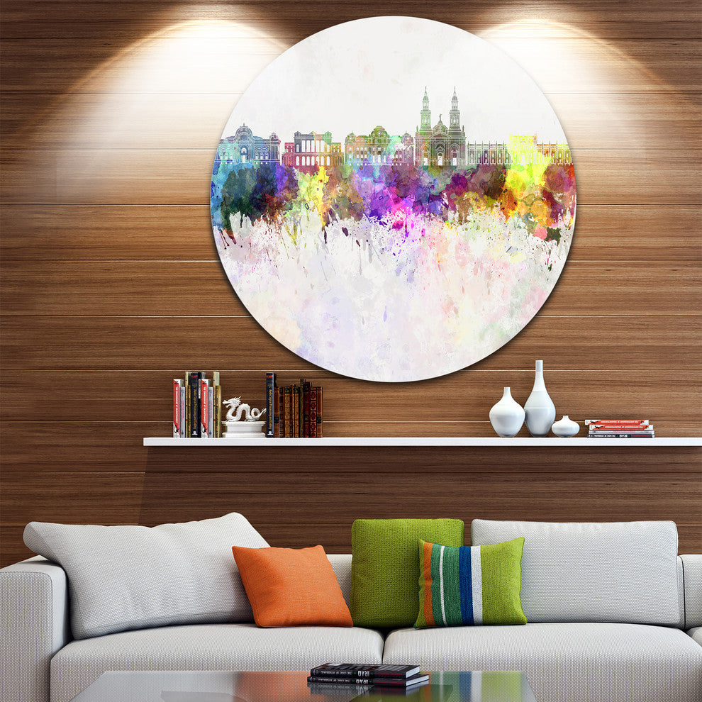 Santiago De Chile Skyline, Cityscape Painting Disc Metal Wall Art, 11"