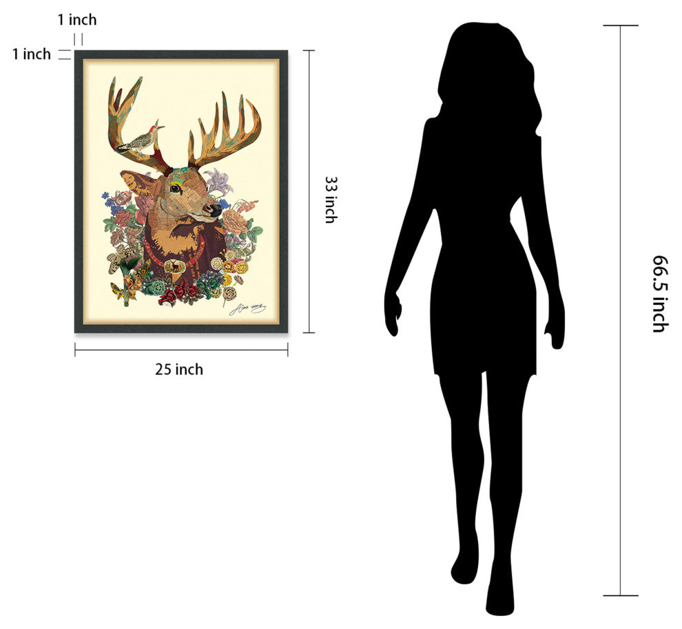 Mr. Deer Dimensional Handmade Collage Wall Art Framed Under Glass