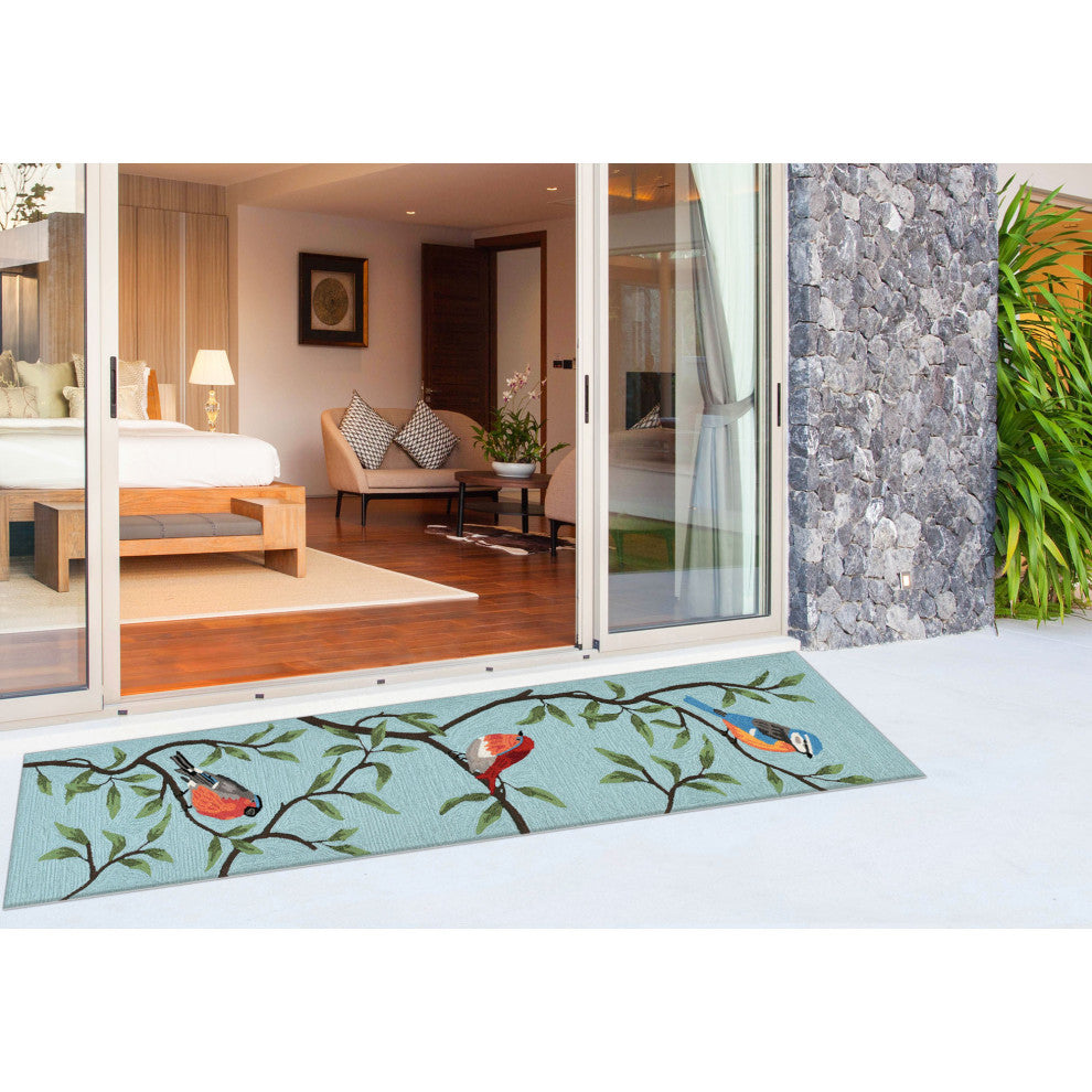 Ravella Birds On Branches Indoor/Outdoor Rug, Aqua, 2'x8' Runner