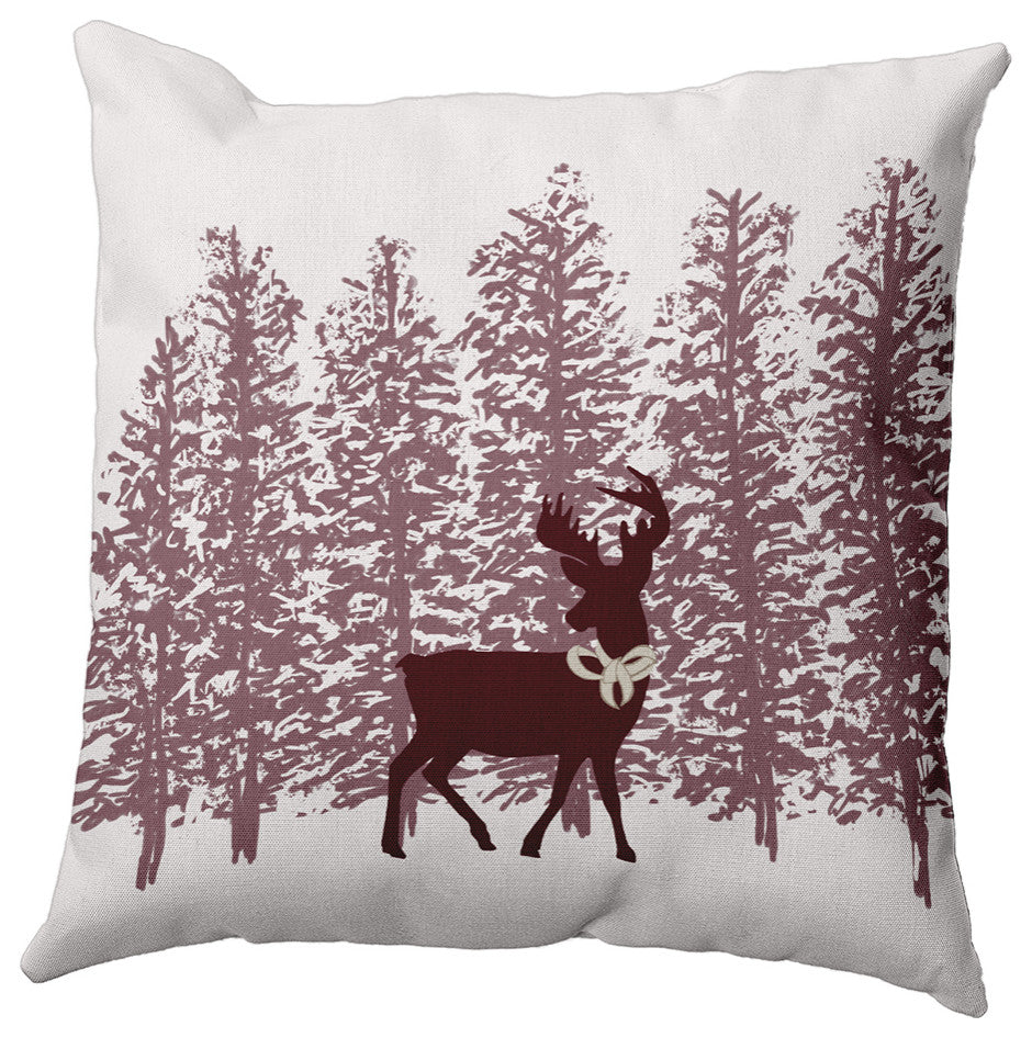 Christmas Burgandy Reindeer Through the Woods Polyester Throw Pillow, 16" x 16"