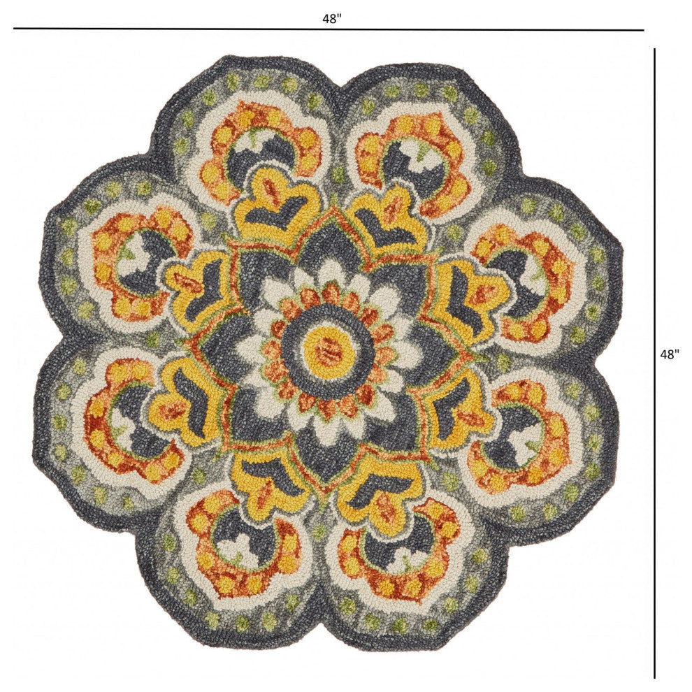 4' Round Gray And Gold Floret Area Rug