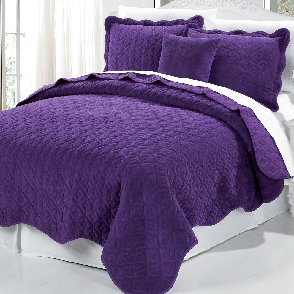 Diamond Square Quilted Coverlet 4-Piece Bedspread Set, Purple, King