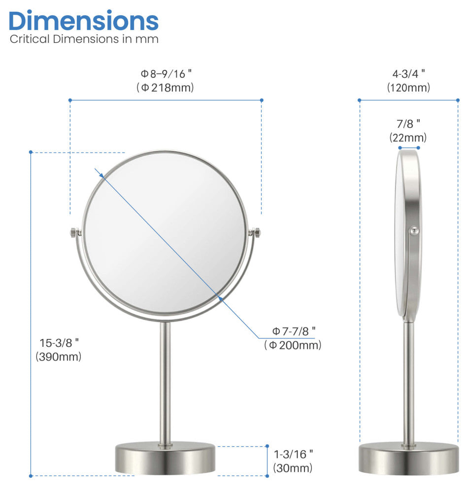 Circular Free Standing Magnifying Make Up Mirror, Brushed Nickel