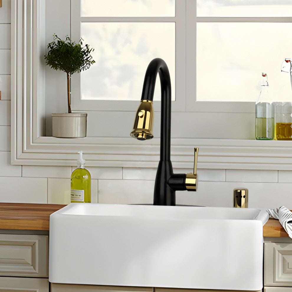 Pull Down Kitchen Faucet With Deck Plate, Two-Tone Matte Black and Gold