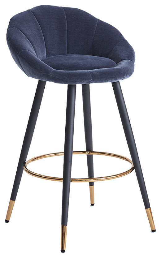 Set of 2 Blooming Flower Chenille Bar Stools, Darkblue