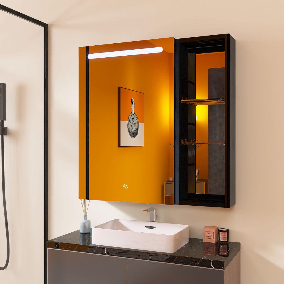 30" Aluminum Surface Mount 1-door Medicine Cabinet with Mirror and LED Lights